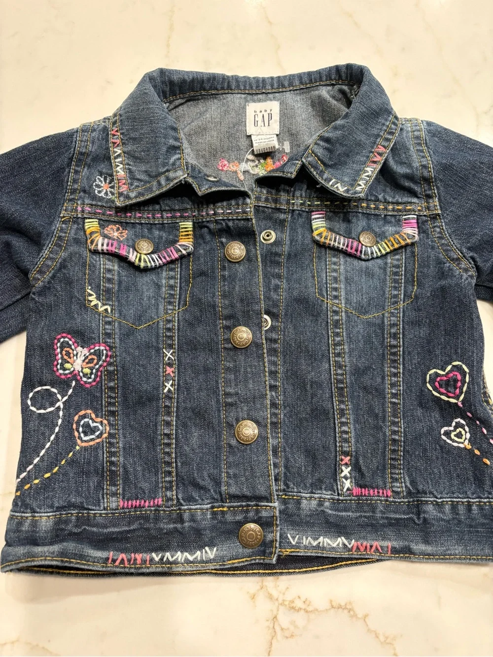 GAP Dark Blue Denim Jacket with Multicolor Embroidery, 18-24 months. EUC